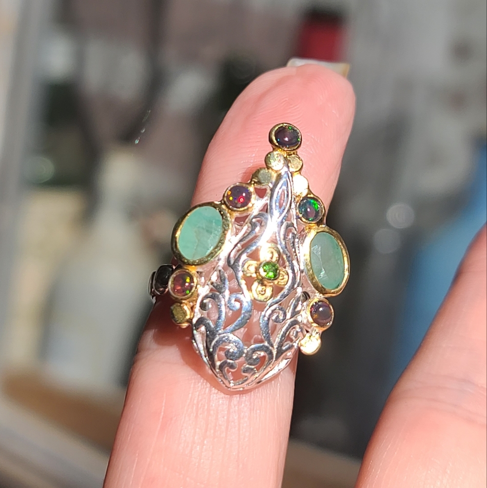 Emerald Opal & Chrome Diopside dome ring sz6